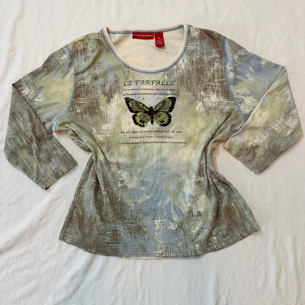 Cottagecore Artsy Butterfly Top By Gloria Vanderbilt 3/4 Sleeve Scoop neck